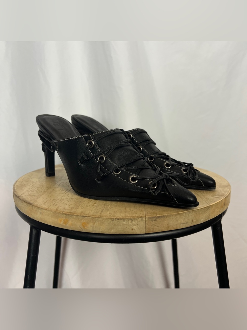 Black Corset Lace Up Pointed Toe Mules